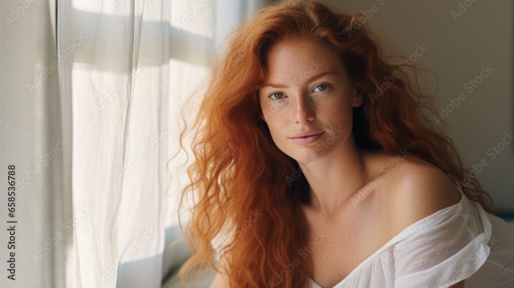 Beautiful happy ginger woman in loose home clothes at the window. Portrait of a smiling lady. Feminine beauty. Beautiful happy ginger woman in loose home clothes at the window. Portrait of a smiling lady. Feminine beauty.