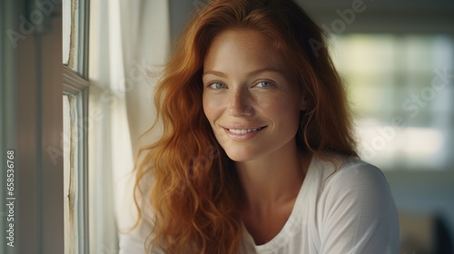 Beautiful happy ginger woman in loose home clothes at the window. Portrait of a smiling lady. Feminine beauty. Free Download Beautiful happy ginger woman in loose home clothes at the window. Portrait of a smiling lady. Feminine beauty. - GFXLoad