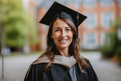 Portrait of a smiling young female graduate in cap and gown standing outdoors photo