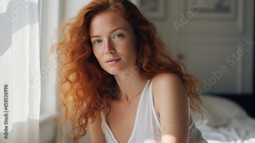 Beautiful happy ginger woman in loose home clothes at the window. Portrait of a smiling lady. Feminine beauty. Free Download Beautiful happy ginger woman in loose home clothes at the window. Portrait of a smiling lady. Feminine beauty. - GFXLoad