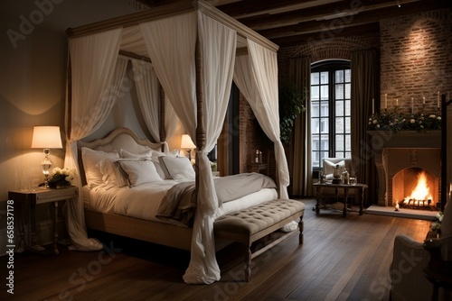 Elegant bedroom featuring a grand canopy bed with posts. Generative AI © Calantha
