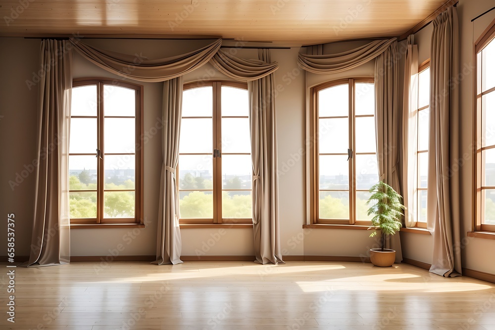 Empty room, wooden window with with curtain and window. empty