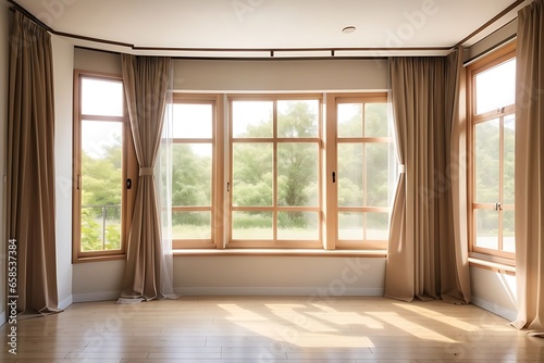 Empty room  wooden window with with curtain and window. architecture