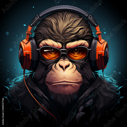 Funky monkey dj with headphones illustration photo