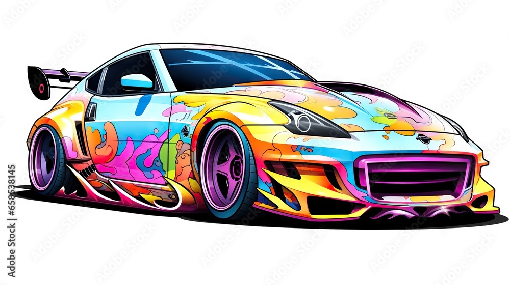  a colorful sports car painted with graffiti on a white background.  generative ai