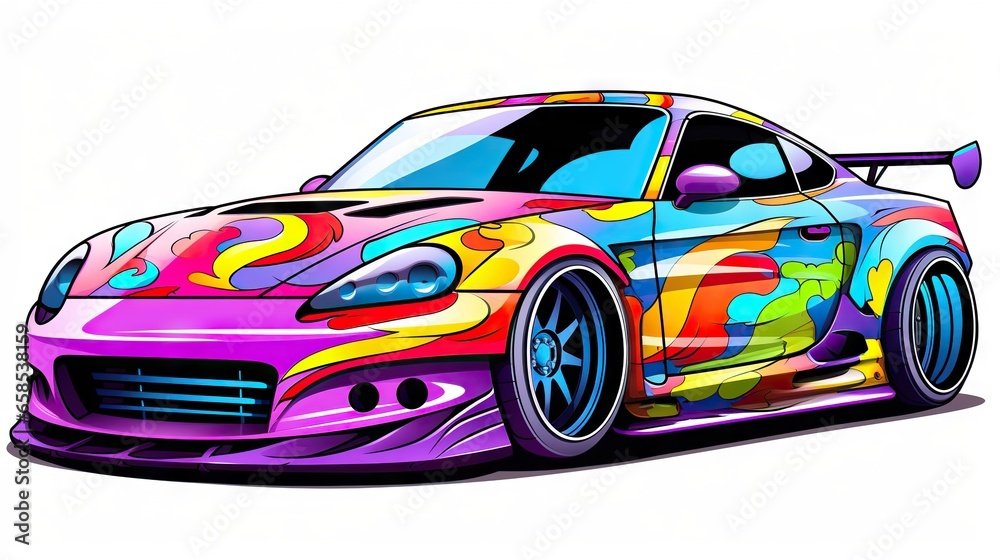  a colorful sports car painted in bright colors with a white background.  generative ai