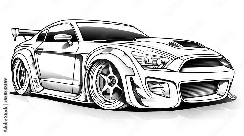  a drawing of a sports car in black and white ink.  generative ai