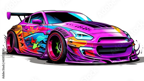  a car painted in bright colors with graffiti on the hood.  generative ai