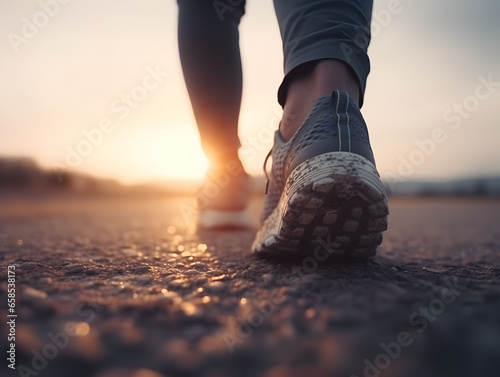 Dynamic Close-up of Running Feet in Sneakers with Visible Tread on Asphalt at Sunset, AI Generated Image
