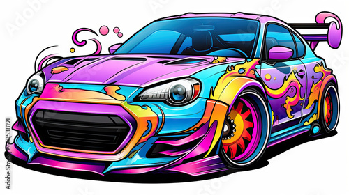  a colorful car is painted with spray paint on it s hood.  generative ai