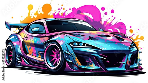  a colorful car with paint splattered on it s body.  generative ai