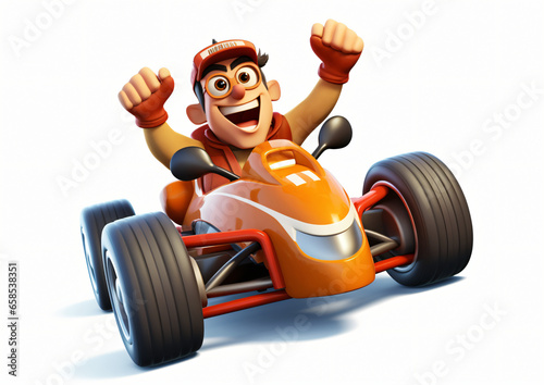 3d cartoon man driving racing car isolated on white background