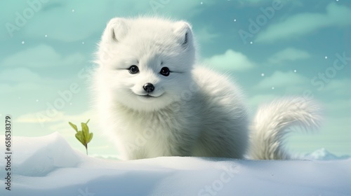  a white dog standing in the snow with a green leaf. generative ai