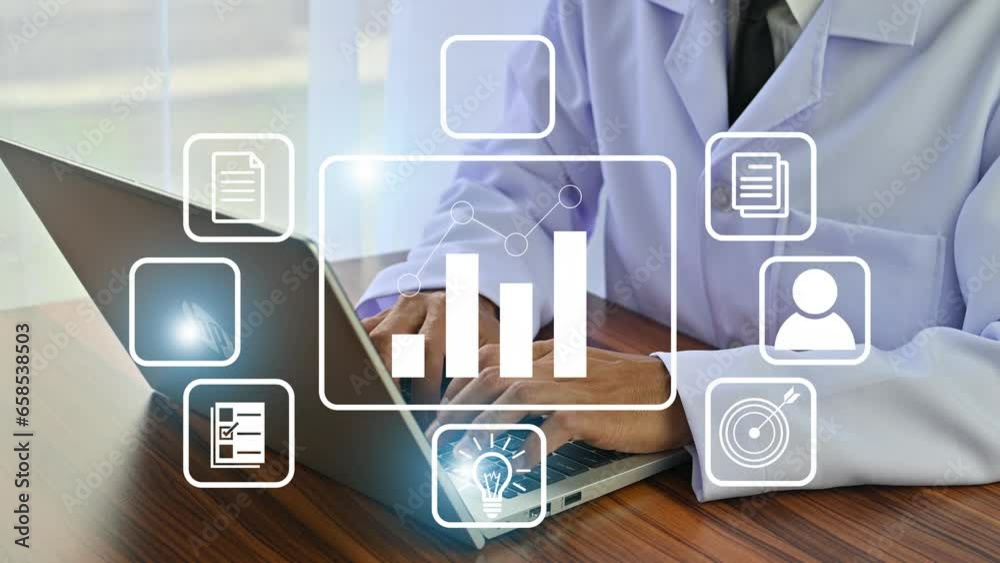 Doctor using computer Document Management System (DMS), online documentation database process automation to efficiently manage files