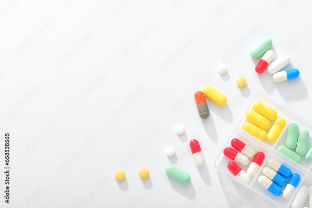 A large number of drugs and medicine boxes on a white background. Medical Health Concept