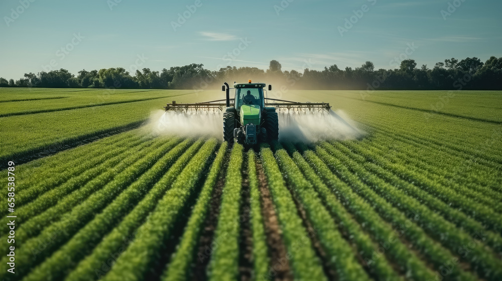 Aerial view of Tractor spraying pesticides on field with sprayer - obrazy, fototapety, plakaty 