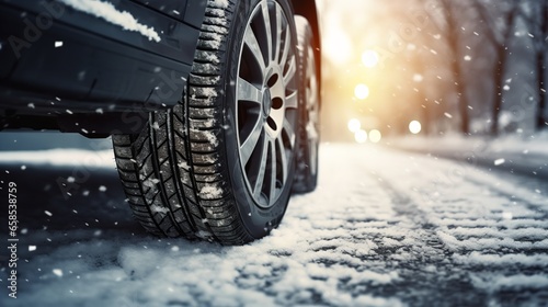 Detail of winter automobile tires on a snow-covered road. Generative Ai. © Retu