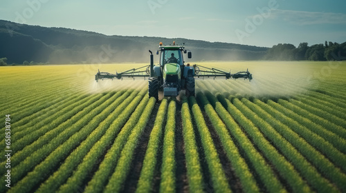 Aerial view of Tractor spraying pesticides on field with sprayer
