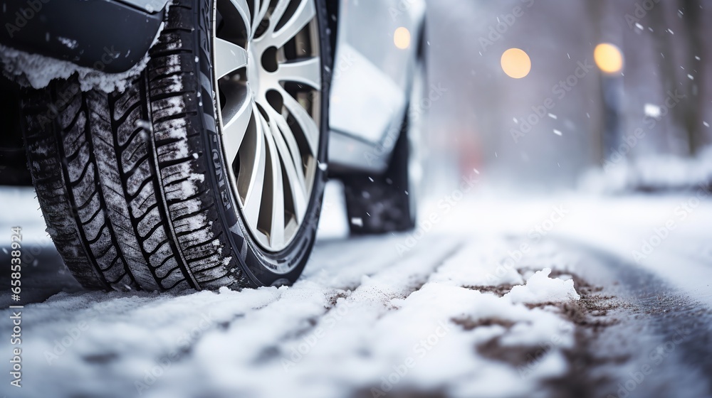 Detail of winter automobile tires on a snow-covered road. Generative Ai.