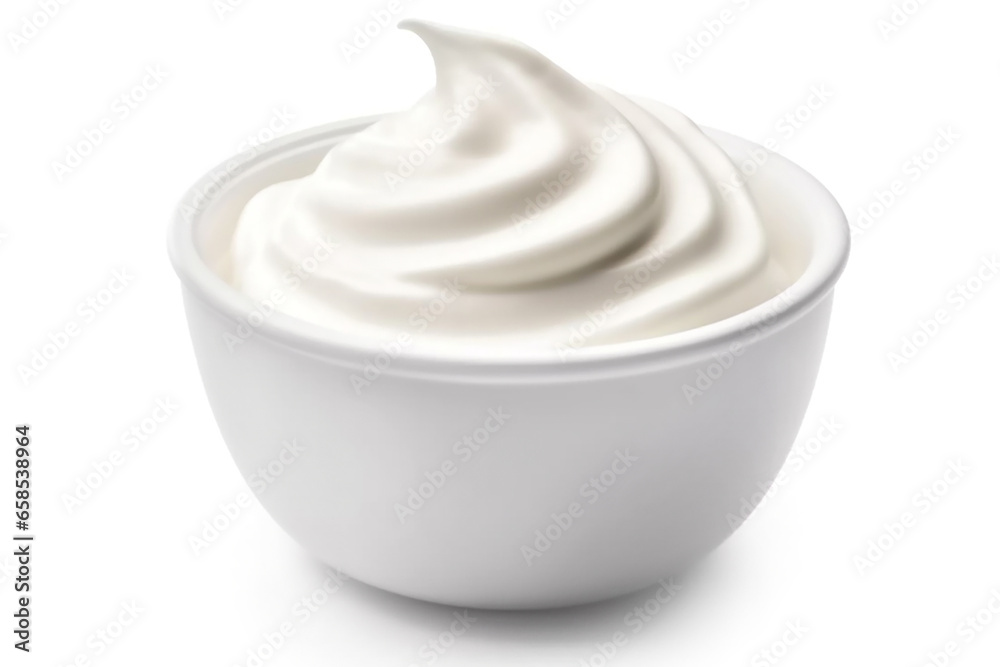 Sour cream swirl in bowl isolated on white background, fresh Greek yogurt Sour cream swirl in bowl isolated on white background, fresh Greek yogurt