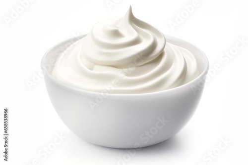 Sour cream swirl in bowl isolated on white background, fresh Greek yogurt