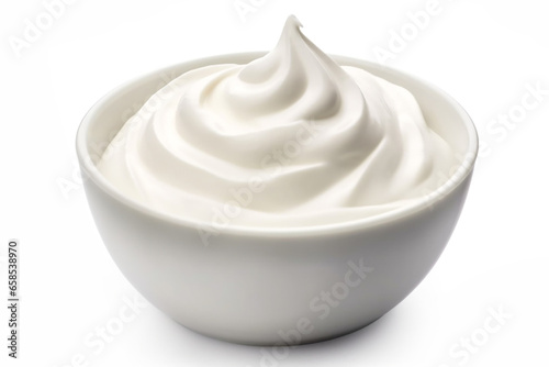 Sour cream swirl in bowl isolated on white background, fresh Greek yogurt photo