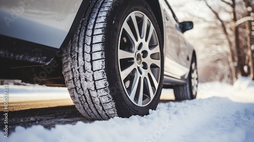 Detail of winter automobile tires on a snow-covered road. Generative Ai. © Retu