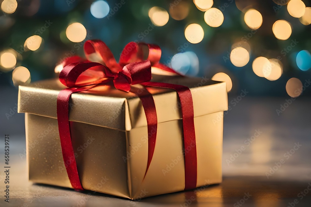 a Gold gift box with a red ribbon
a Gold gift box with a red ribbon