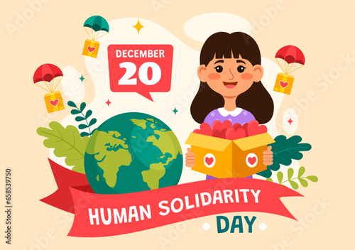 International Human Solidarity Day Vector Illustration on December 20 with Earth, Hands and Love for People Help Person in Flat Cartoon Background