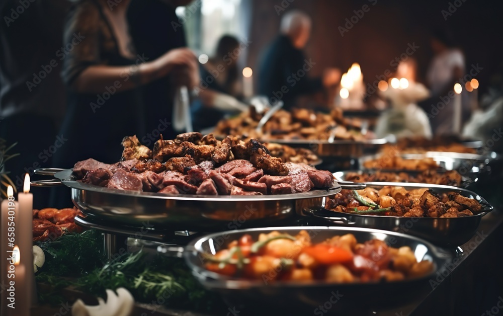 Group of people having a buffet lunch, banquet, festive event, party, or wedding reception. Catering food indoor in restaurant or hotel with grilled meat and vegetables. Variety of street food. Group of people having a buffet lunch, banquet, festive event, party, or wedding reception. Catering food indoor in restaurant or hotel with grilled meat and vegetables. Variety of street food.