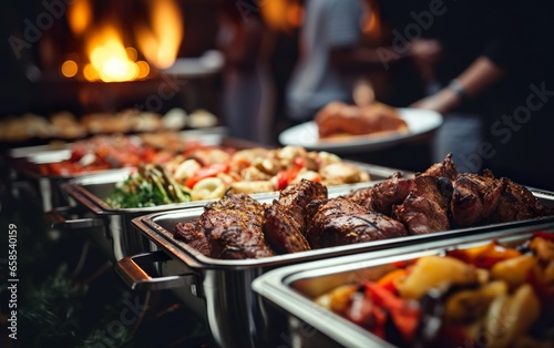 Catering buffet food indoor in restaurant or hotel with grilled meat and vegetables. Variety of street food. Group of people having lunch, banquet, festive event, party, or wedding reception.