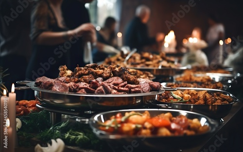 Group of people having a buffet lunch, banquet, festive event, party, or wedding reception. Catering food indoor in restaurant or hotel with grilled meat and vegetables. Variety of street food.