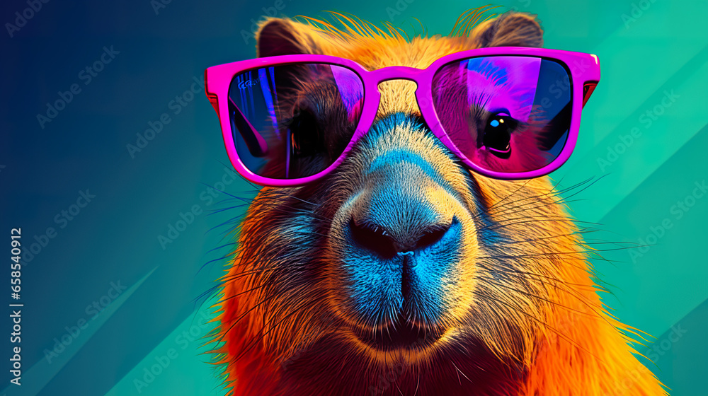 Pop art funny Capybara wearing glasses with a colored background