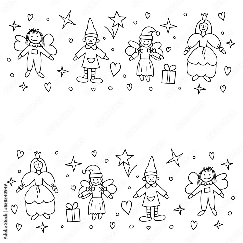 Christmas vector illustration with funny little men on a white  background. Doodle style, drawing, outline. Design for wrapping Holliday paper, gift box design, posters, greeting cards.