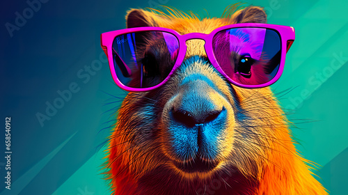 Pop art funny Capybara wearing glasses with a colored background © Vlad