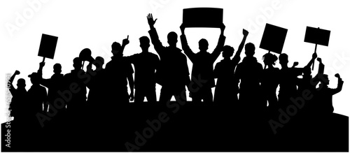 Protesters, enraged crowd of people silhouette. Silhouettes of crowd of people with raised up hands and flags. Iconic protester raised fist isolated