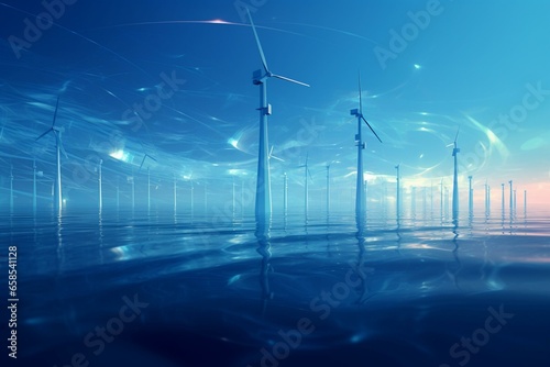 An abstract visualization of a futuristic offshore wind farm generating clean energy in a digital environment. Generative AI