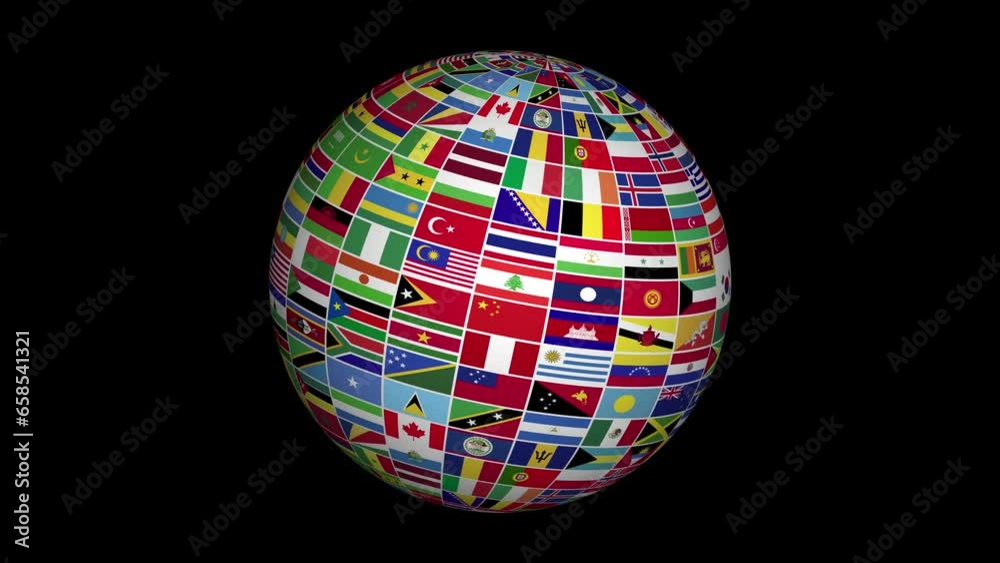animated world country flags in sphere globe 360 degree rotating effect on black background