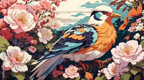 Majestic bird in a beautiful garden. Vector art. Traditional Japanese style. Generative AI.