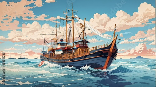 A traditional fishing ship. Vector art. Traditional Japanese style. Generative AI.