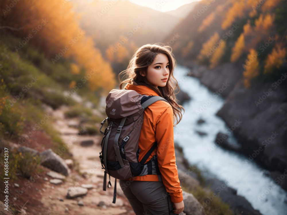 a back woman with her hood and her backpack on top of a mountain
