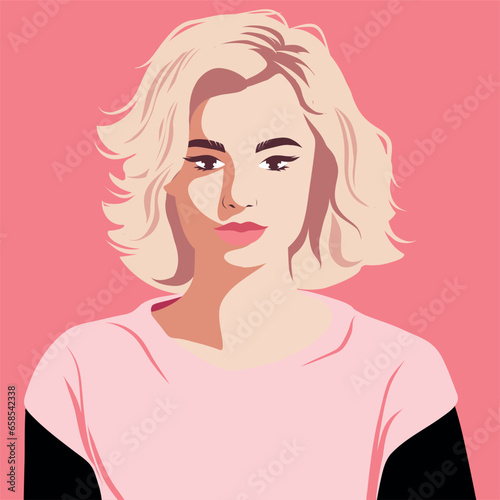 Avatar girl. Portrait of a girl. Pink color palette. Hairstyle. Postcard, poster. Vector flat bright illustration on pink background