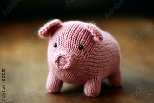 Dark-backgrounds knitted pig toy for children to play. Generative AI © Shiloh