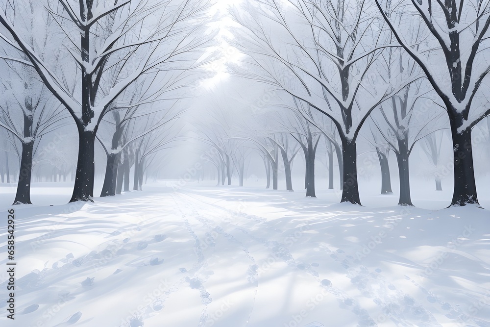 Snow covered trees in the park. Oil painting. Generative AI.
