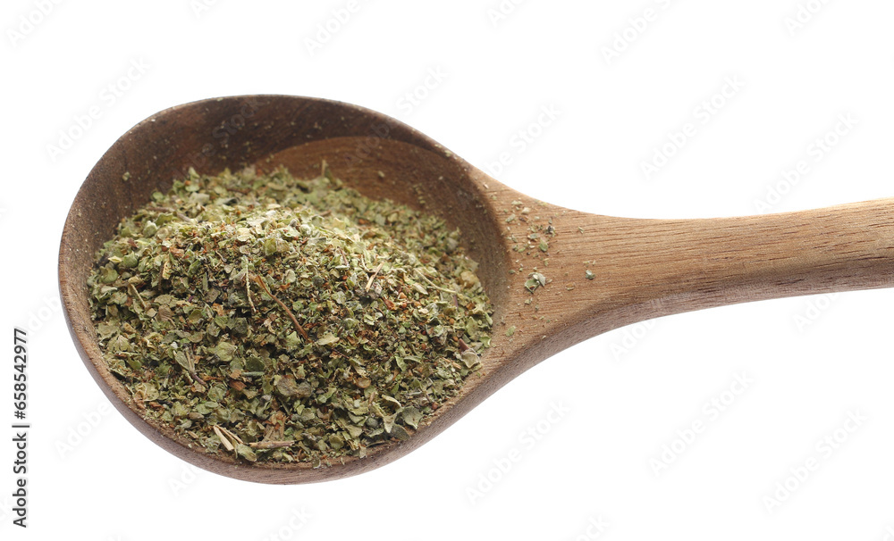 Dry chopped marjoram leaves in wooden spoon isolated on white, side view Dry chopped marjoram leaves in wooden spoon isolated on white, side view