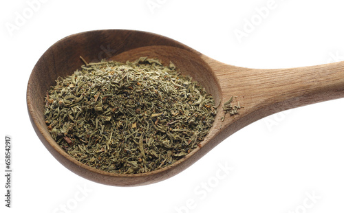 Dry chopped summer savory (Satureja hortensis) in wooden spoon isolated on white
