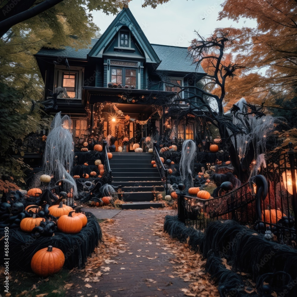 Spooky Halloween decoration on the family house. Generative AI.