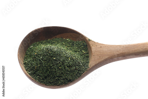 Pile dry chopped dill in wooden spoon isolated on white, side view 
