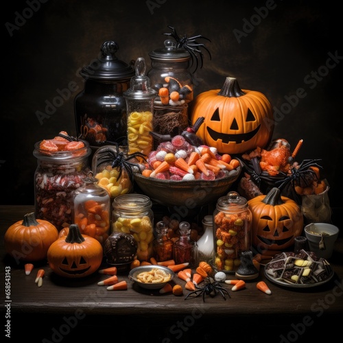 Fun scary Halloween candies on the table. Generative AI. © Simona