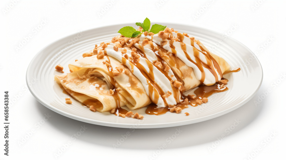 Delicious Plate of Carmel Apple Crepes Isolated on white background